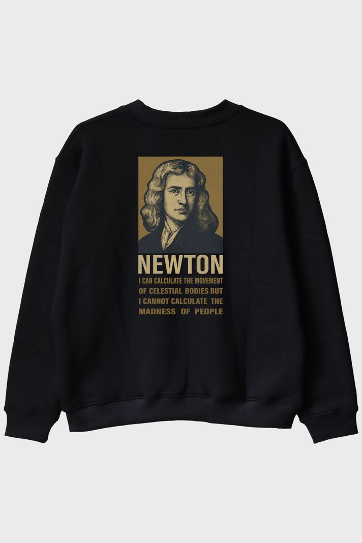 Newton Alıntılı Siyah Bisiklet Yaka Sweatshirt