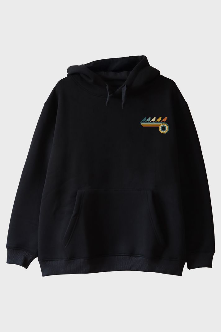 Retro Kuşlar Siyah Hoodie