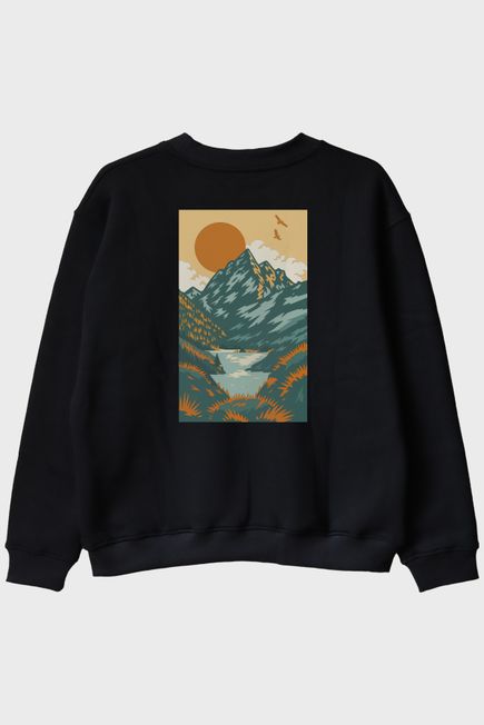 Doğa Manzaralı Turuncu Güneşli Baskılı Siyah Bisiklet Yaka Sweatshirt