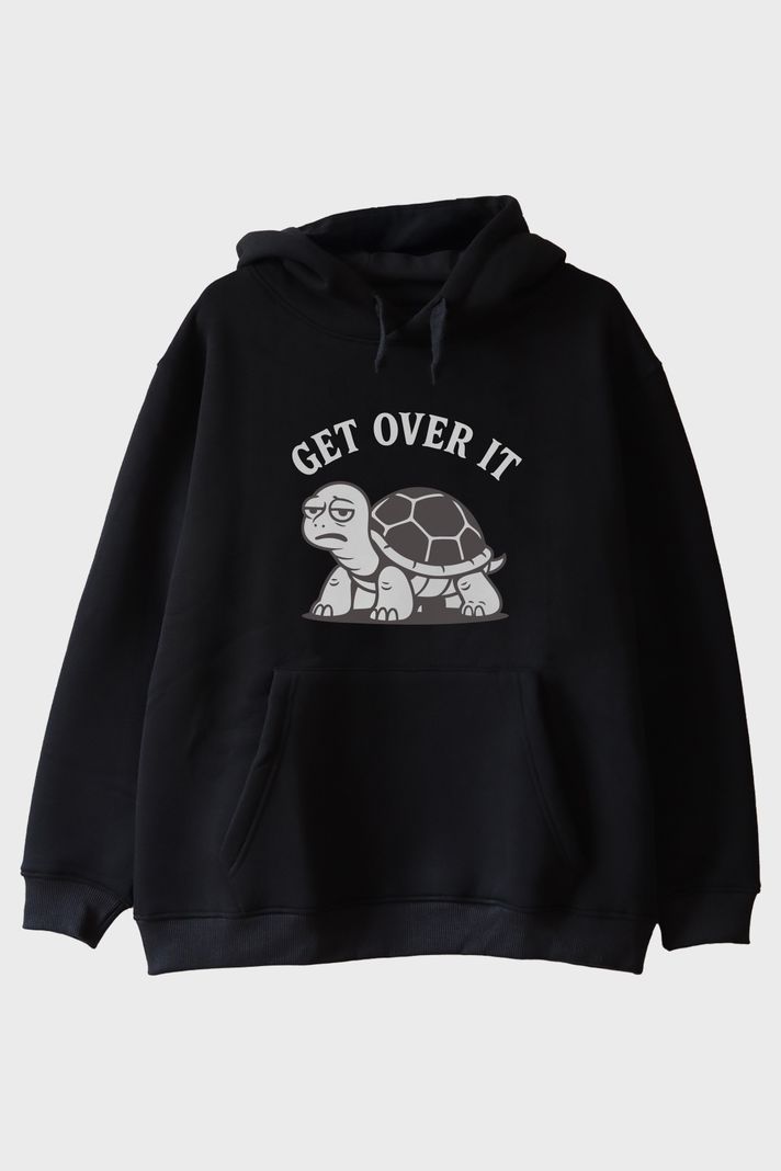 GET OVER IT Kaplumbağa Baskılı Siyah Hoodie
