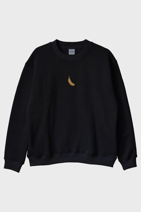 Muz Desenli Siyah Nakış Bisiklet Yaka Sweatshirt