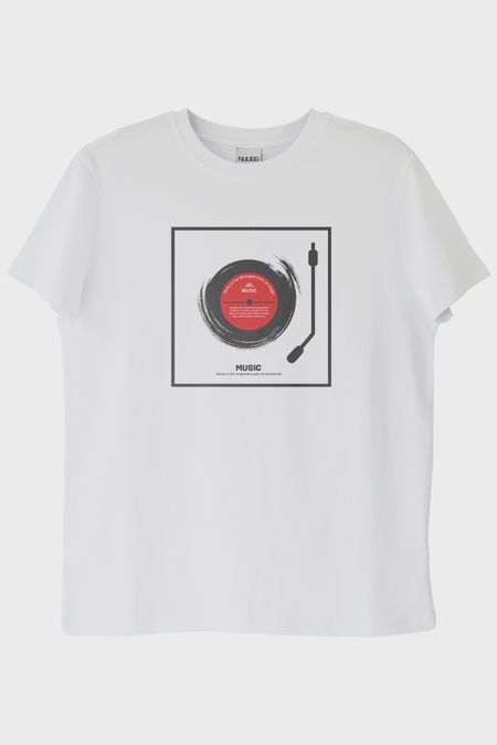 Music Is The Important Part Baskılı Plak Tasarımlı Beyaz Tişört