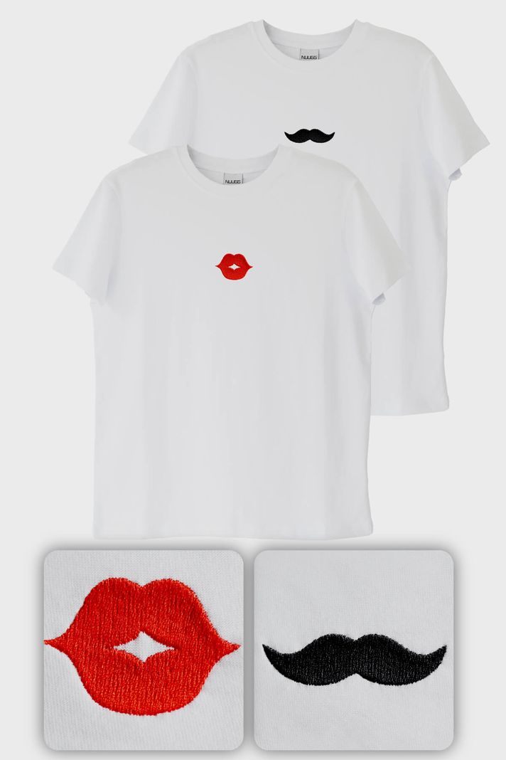 Dudak ve Bıyık Desenli Çift Kombin Tişört