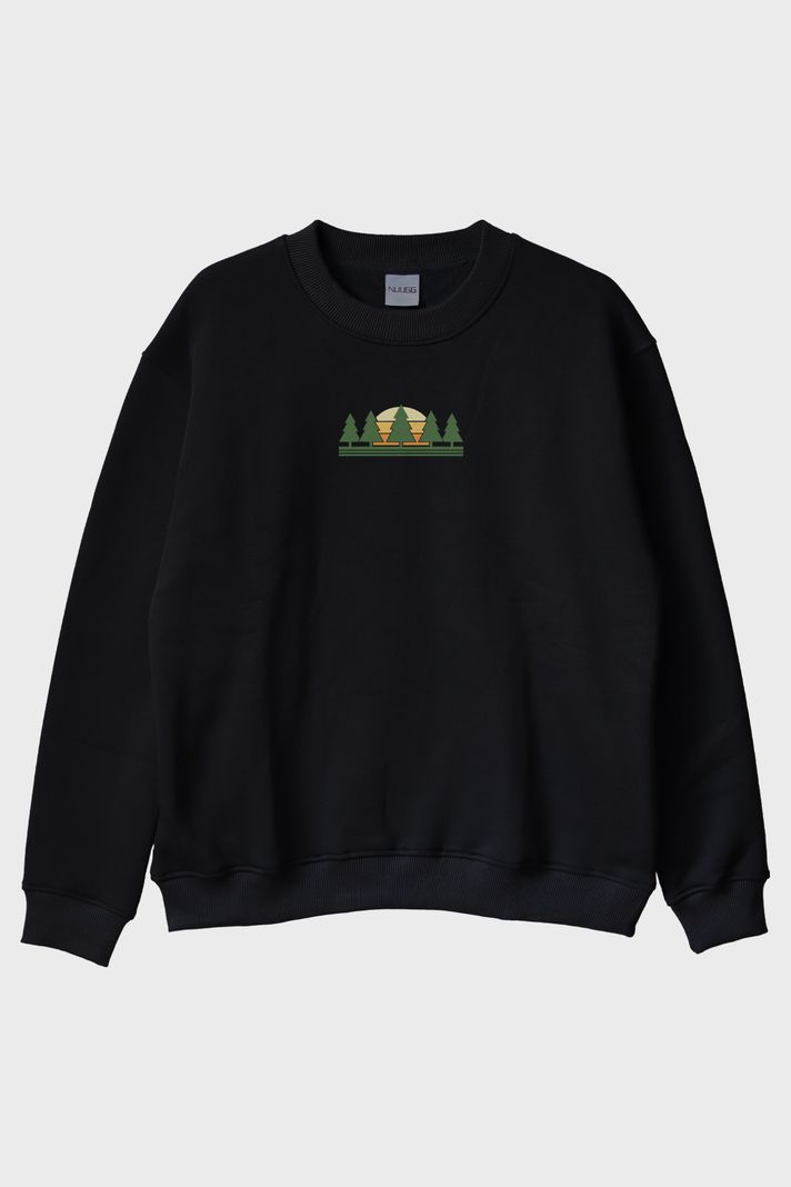 Minimalist Doğa Manzaralı Baskılı Tasarım Siyah Bisiklet Yaka Sweatshirt