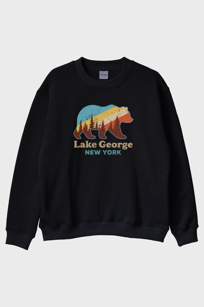 Lake George New York Ayı Siluetli Baskılı Siyah Bisiklet Yaka Sweatshirt