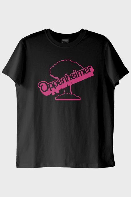 Oppenheimer & Barbie Baskılı Retro Siyah Tişört