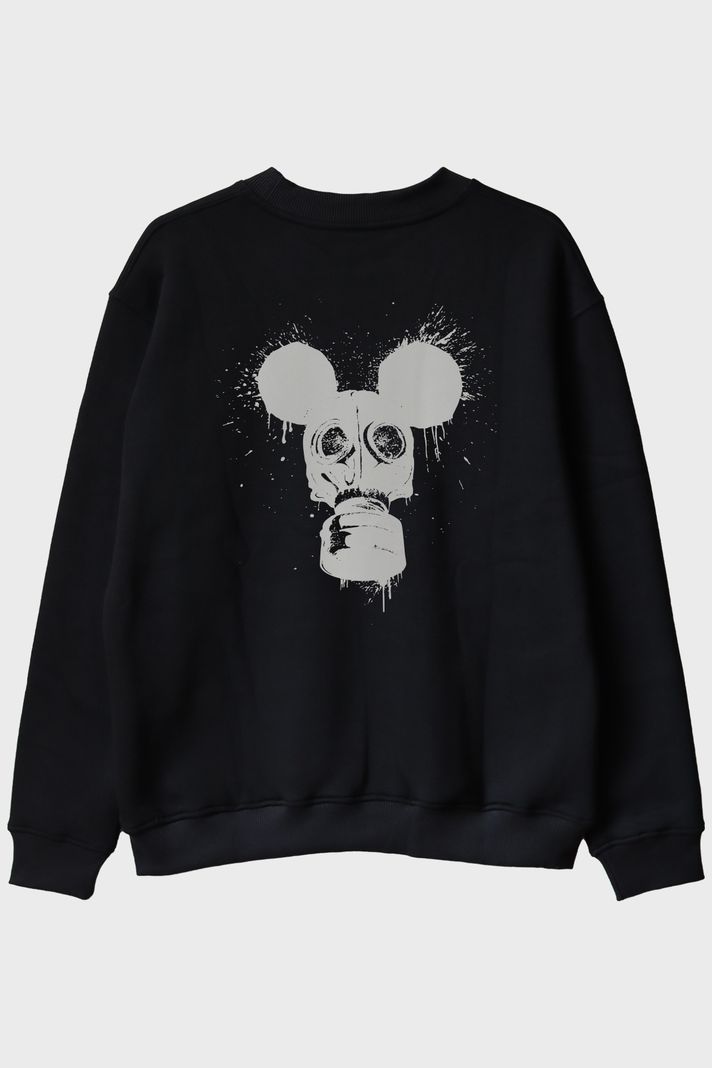 Gaz Maskesi ve Mouse Kulakları Tasarımlı Siyah Siyah Bisiklet Yaka Sweatshirt