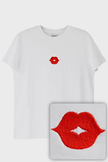 Dudak Desenli Nakış Tişört - Sevgililer Günü Çift Tişörtleri