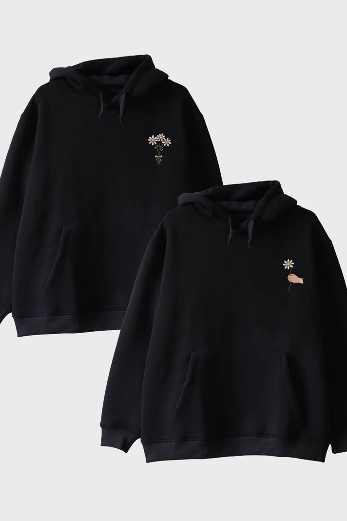 Papatya Desenli Siyah Hoodie