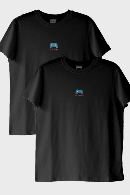 Player 1 ve Player 2 Çift Kombin Siyah T-Shirt - Sevgililer Günü Hediyesi - Gamer, oyuncu hediyesi