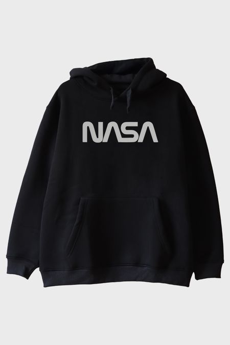 NASA Baskılı Minimalist Tasarım Siyah Hoodie