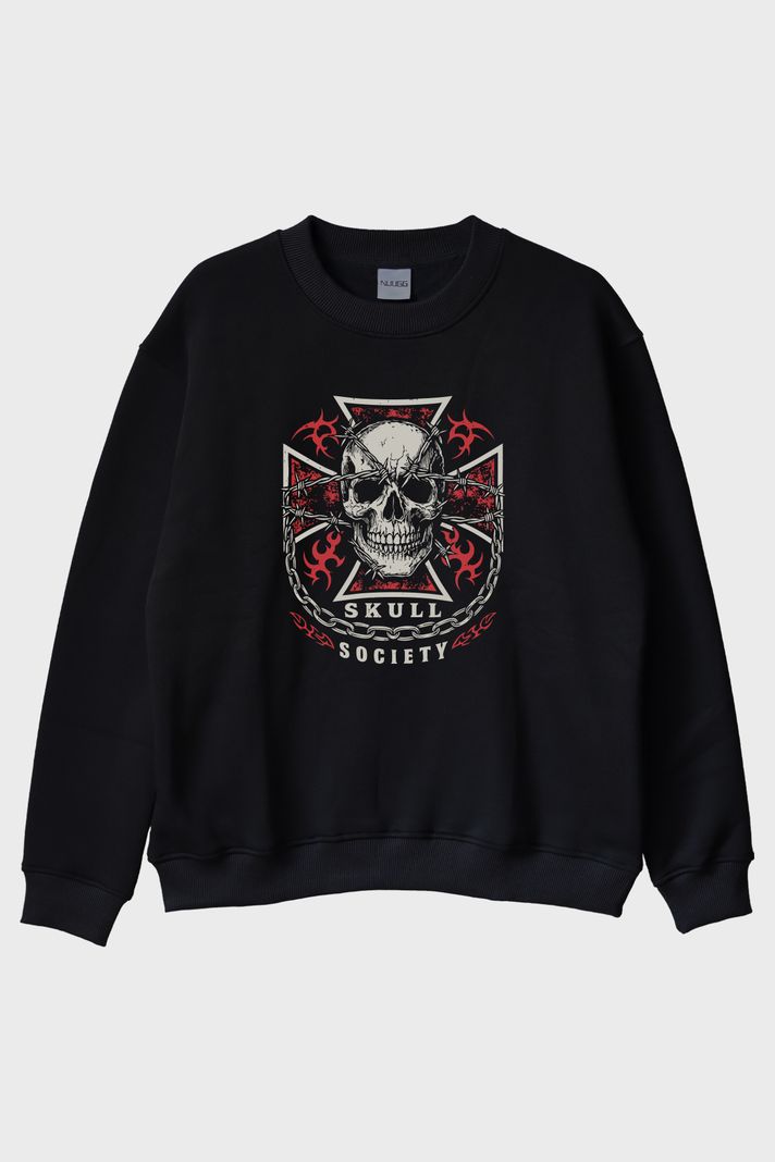 Skull Society Kafatası Tasarımlı Siyah Bisiklet Yaka Sweatshirt
