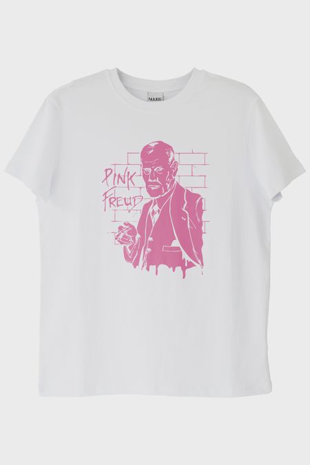Pink Freud Baskılı Mizahi Tasarım Beyaz Tişört