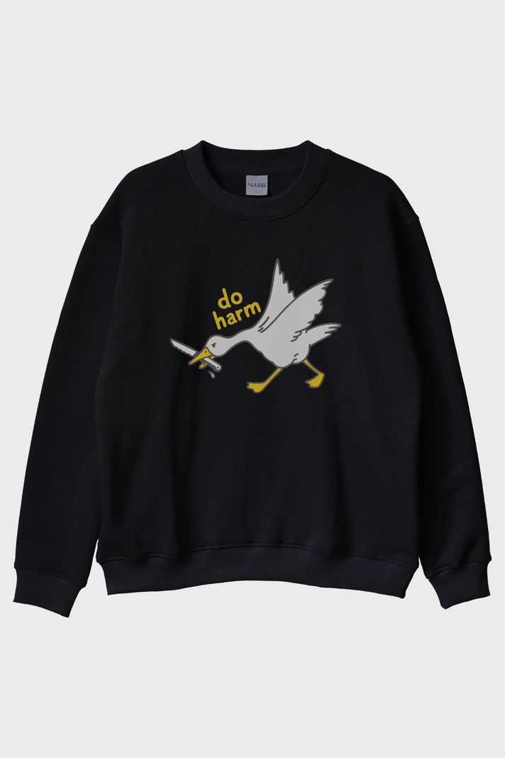 Do Harm Konseptli Kaz Baskılı Siyah Bisiklet Yaka Sweatshirt