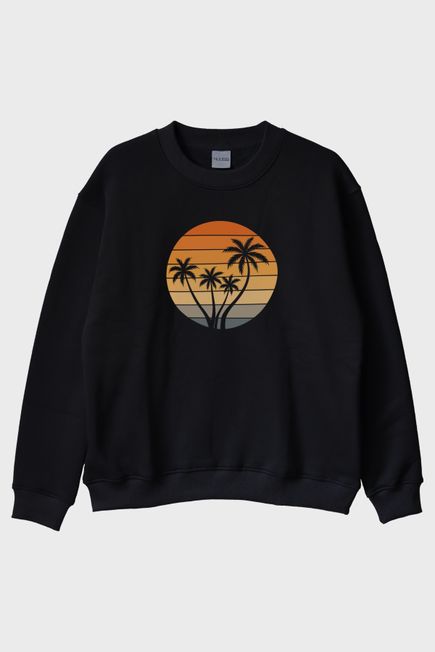 Tropik Gün Batımı Palmiye Baskılı Siyah Bisiklet Yaka Sweatshirt