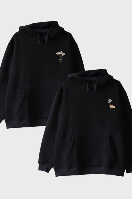 Papatya Desenli Siyah Hoodie