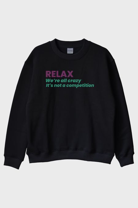 RELAX Mesajlı Minimal Baskılı Siyah Bisiklet Yaka Sweatshirt