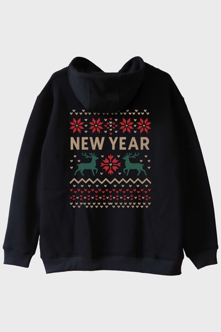 Yeni Yıl Motifli Siyah Hoodie