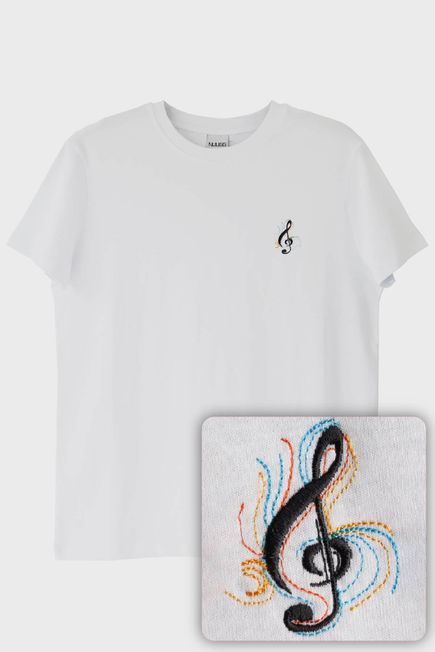 Siyah Sol Anahtarı Renkli Nakış Müzik T-Shirt