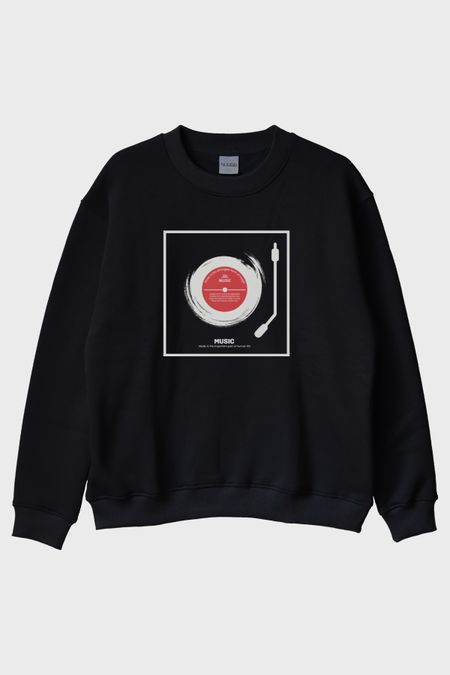 Music Is The Important Part Baskılı Plak Tasarımlı Siyah Bisiklet Yaka Sweatshirt