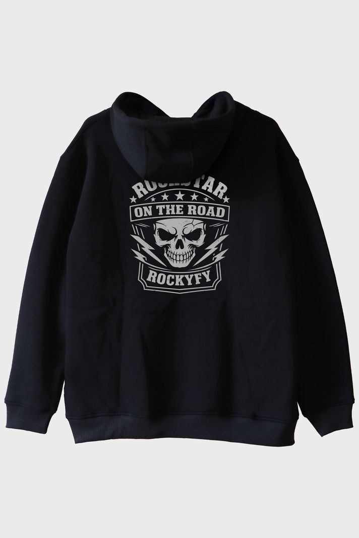 Rockstar On The Road Kafatası Baskılı Siyah Hoodie
