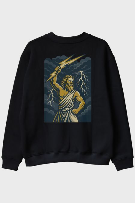 Zeus Yıldırım Gücü Siyah Bisiklet Yaka Sweatshirt