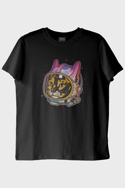 Astrocat Renkli Astronot Kedi Baskılı Siyah Tişört