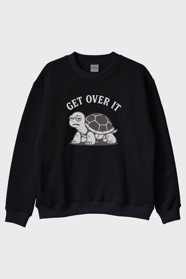 GET OVER IT Kaplumbağa Baskılı Siyah Bisiklet Yaka Sweatshirt