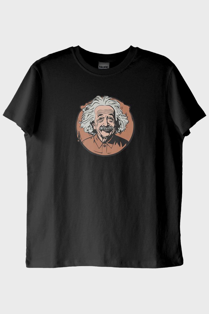 Albert Einstein Portre Baskılı Tasarım Siyah Tişört