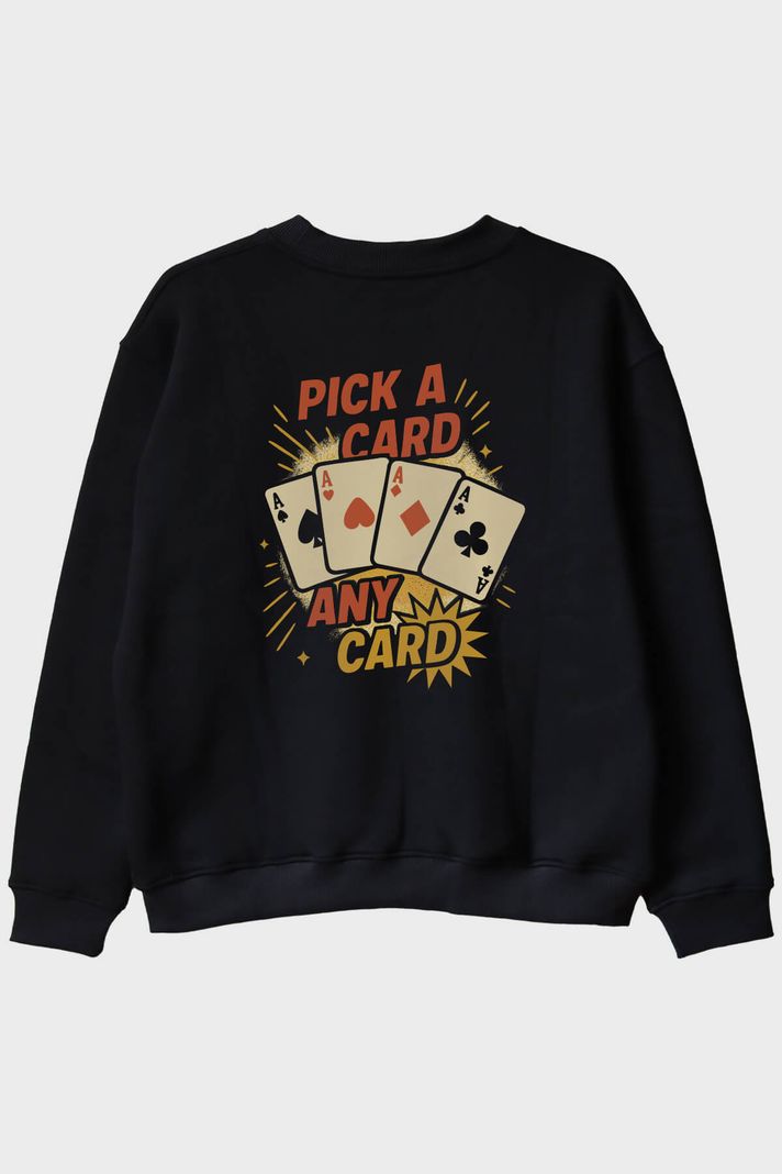 Kart Seç Desenli Siyah Bisiklet Yaka Sweatshirt