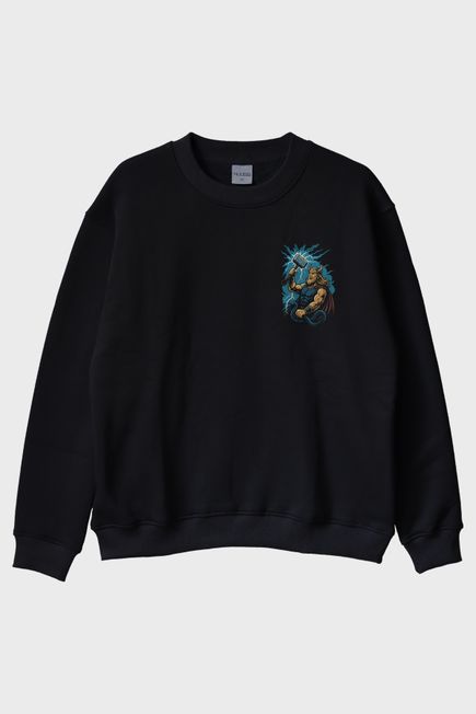 THOR Figürü Baskılı Siyah Bisiklet Yaka Sweatshirt