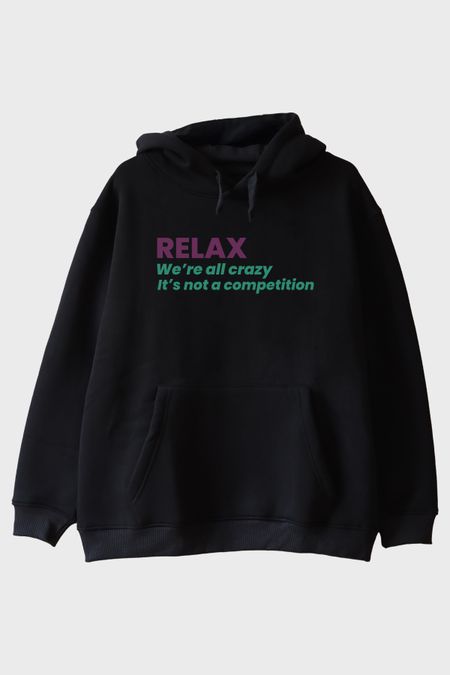 RELAX Mesajlı Minimal Baskılı Siyah Hoodie