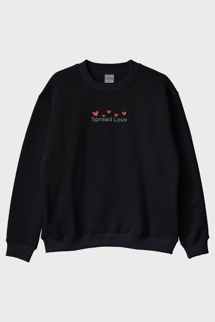 Spread Love Yazılı Kalp Desenli Nakış Bisiklet Yaka Sweatshirt - Sevgililer Günü Hediyesi