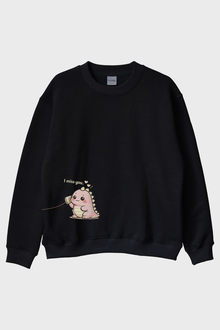 I Miss You Dinozor Siyah Bisiklet Yaka Sweatshirt