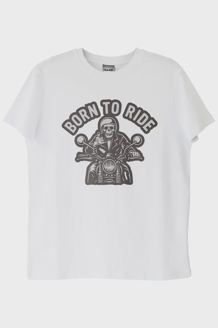 BORN TO RIDE Motosiklet Temalı Baskılı Beyaz Tişört