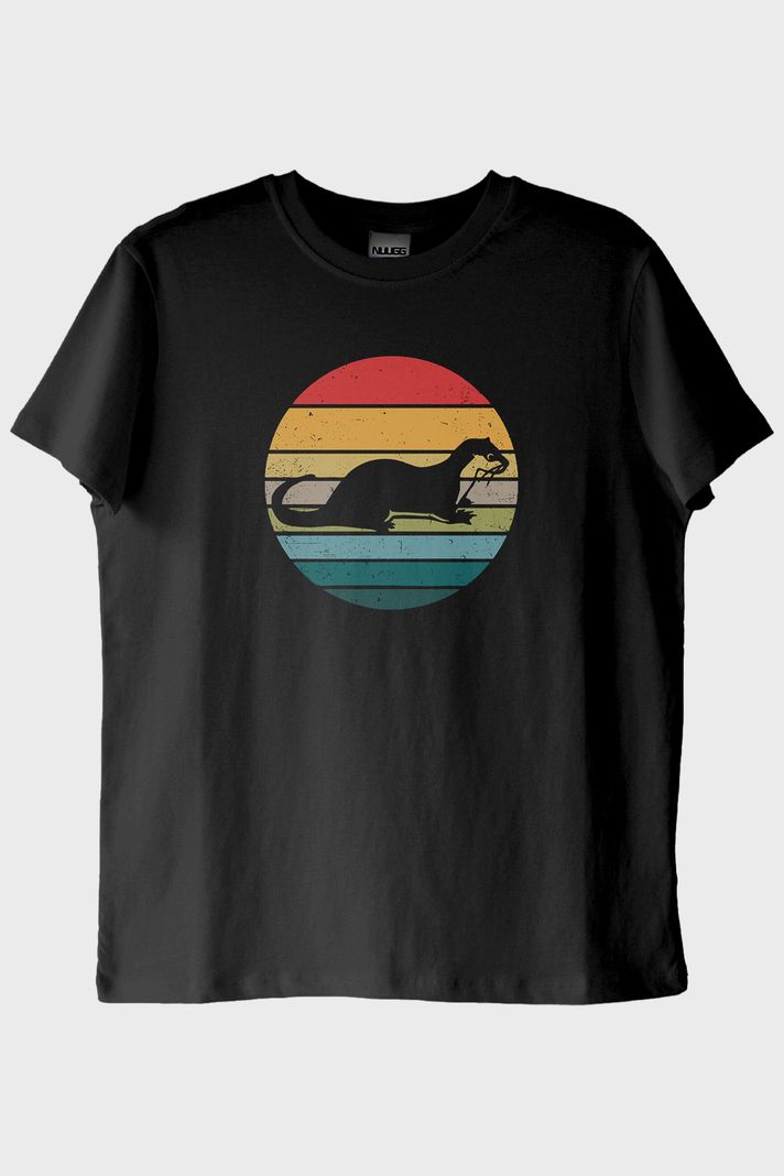 Koşan Susamuru Baskılı Retro Tasarım Siyah Tişört