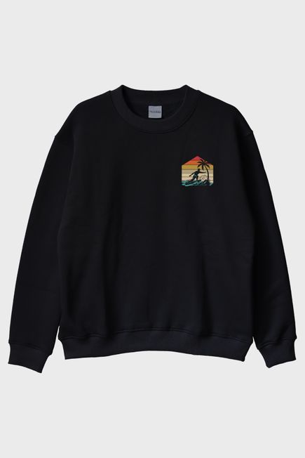 Retro Palmiye ve Sörf Baskılı Siyah Bisiklet Yaka Sweatshirt