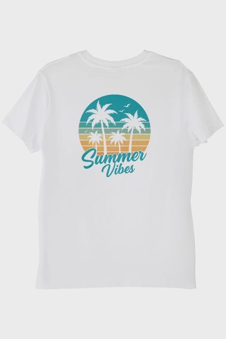 Summer Vibes Baskılı Tropik Plaj Tasarımlı Beyaz Tişört