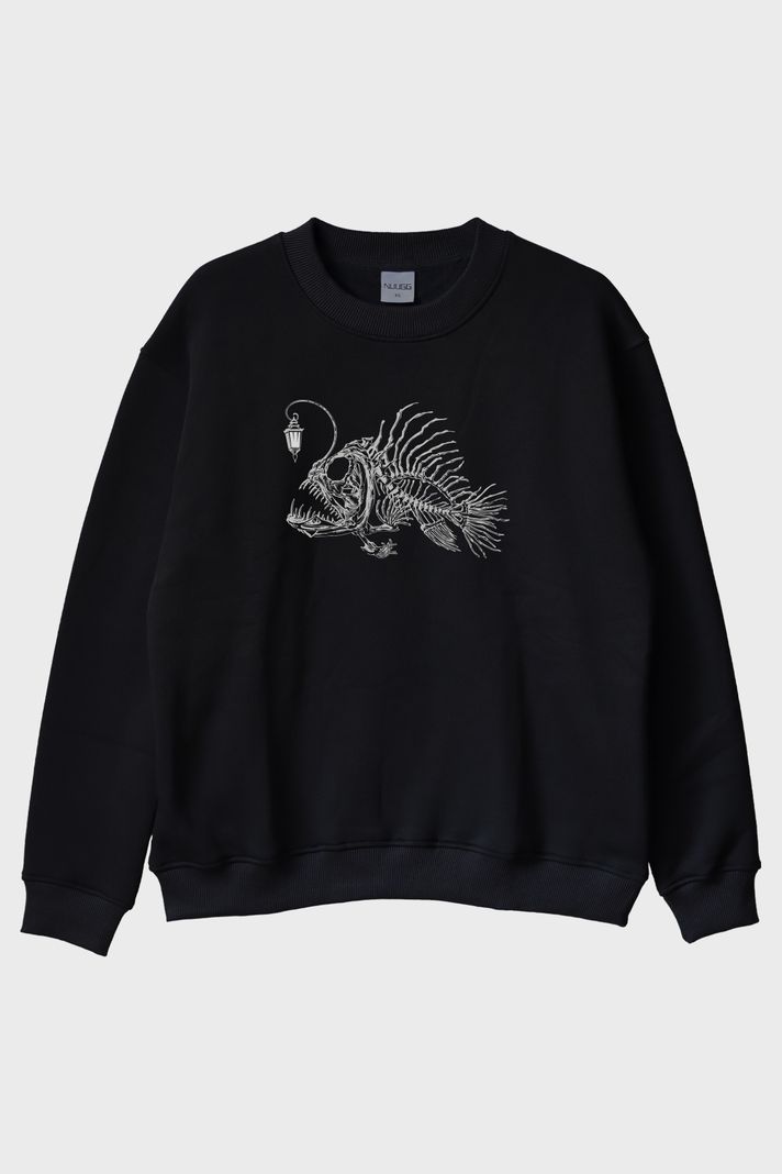 Derin Deniz Balığı İskelet Tasarımlı Baskılı Siyah Bisiklet Yaka Sweatshirt