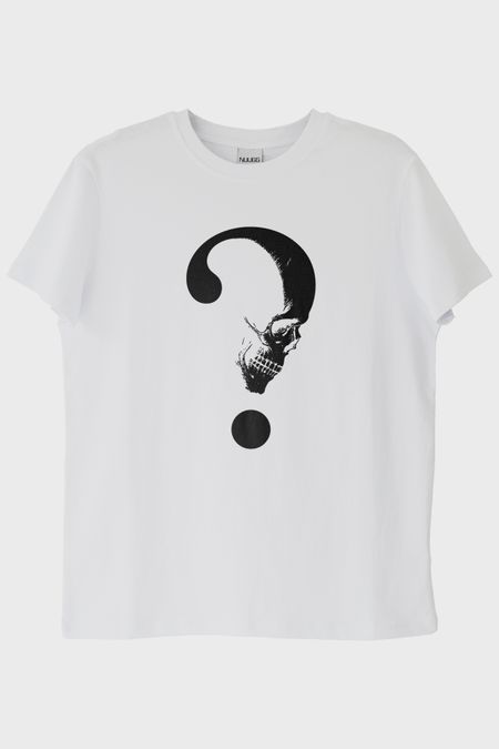 Gothic Soru İşareti Kafatası Baskılı Beyaz Tişört