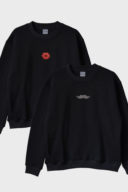 Dudak ve Bıyık Desenli Çift Kombin Bisiklet Yaka Sweatshirt