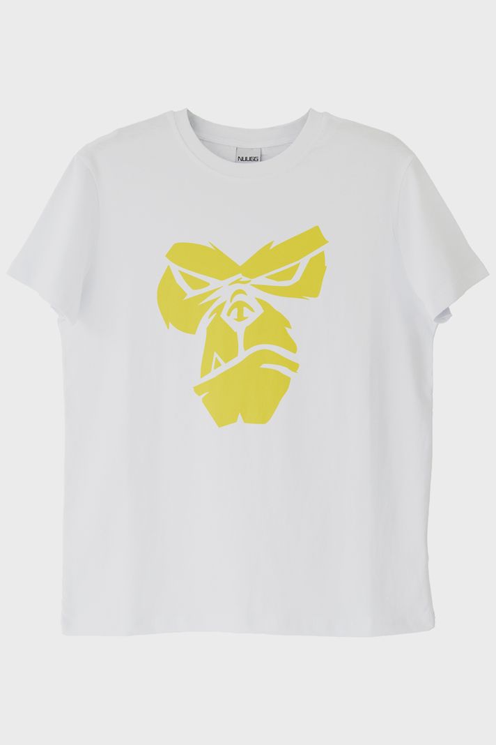 Zemin Üzerine Parlak Sarı Goril Yüzü Baskılı Beyaz Tişört