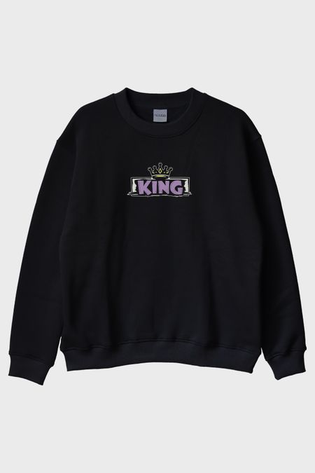 King Yazılı Siyah Bisiklet Yaka Sweatshirt