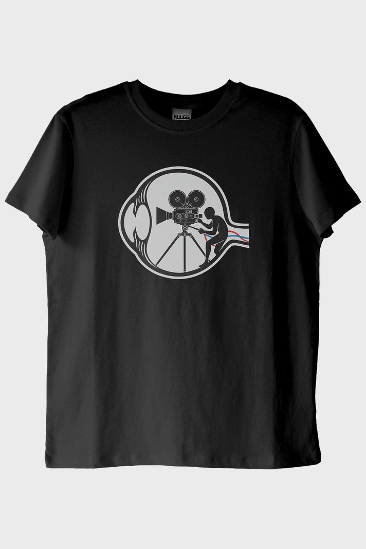 Eski Film Kamerası Baskılı Tasarım Siyah Tişört