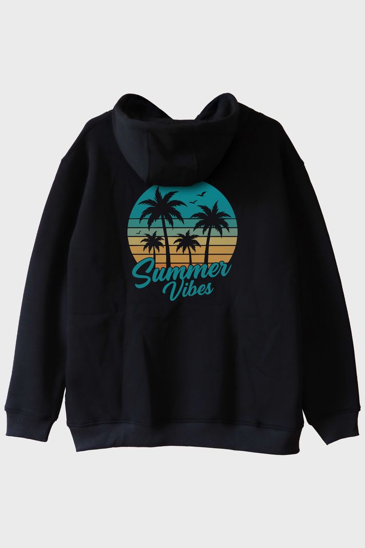 Summer Vibes Baskılı Tropik Plaj Tasarımlı Siyah Hoodie