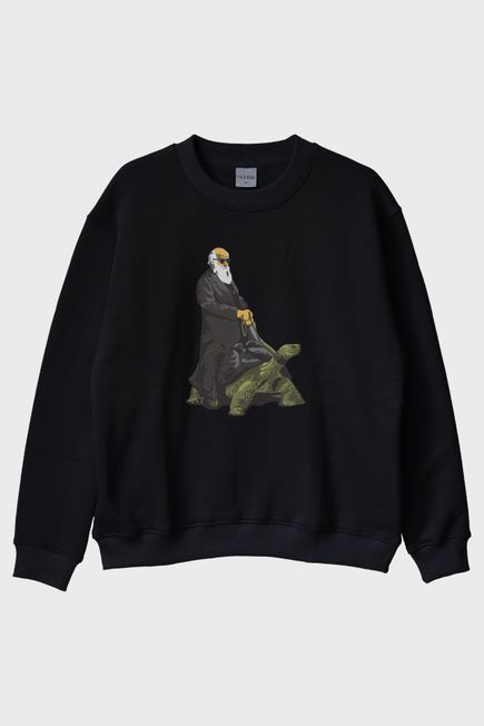 Kaplumbağa Darvin Baskılı Bilimsel Siyah Bisiklet Yaka Sweatshirt
