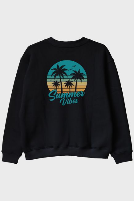 Summer Vibes Baskılı Tropik Plaj Tasarımlı Siyah Bisiklet Yaka Sweatshirt