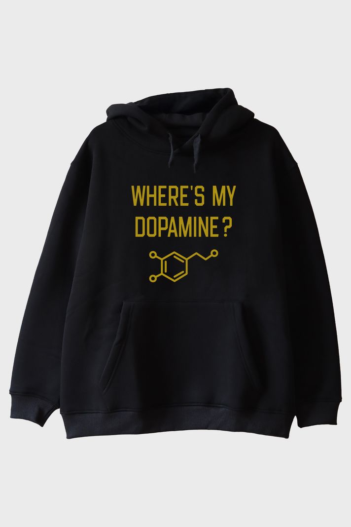 Where's My Dopamine Baskılı Bilim Temalı Siyah Hoodie