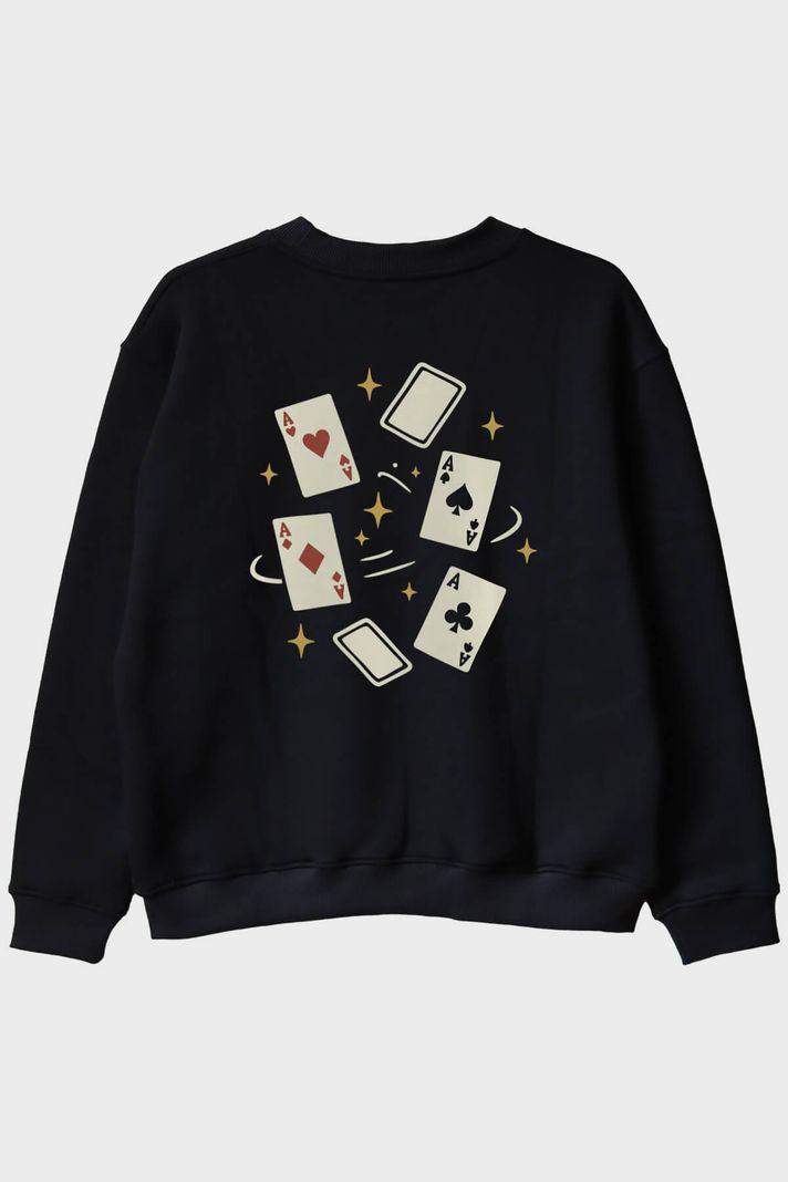 Dörtlü As Figürlü Siyah Bisiklet Yaka Sweatshirt