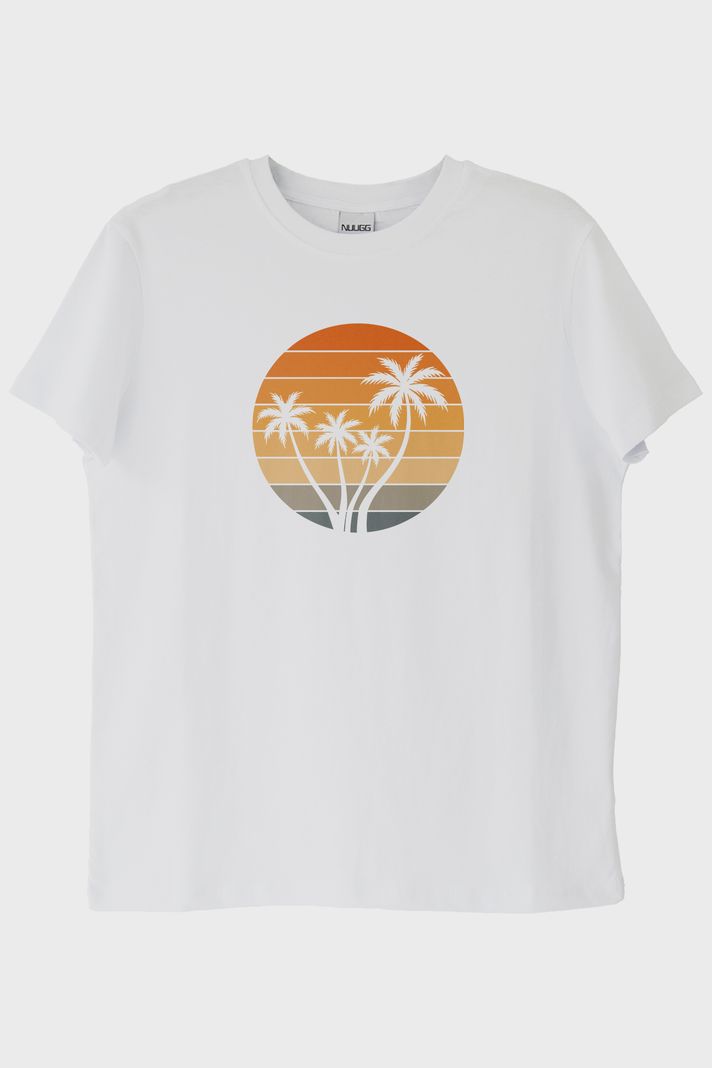 Tropik Gün Batımı Palmiye Baskılı Beyaz Tişört